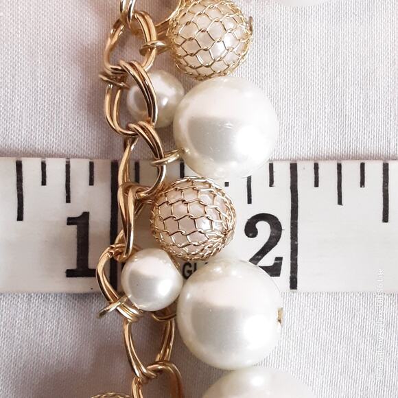 Statement Choker Necklace Gold Tone Double Chain Links Multi Size Pearly Beads - Picture 11 of 12